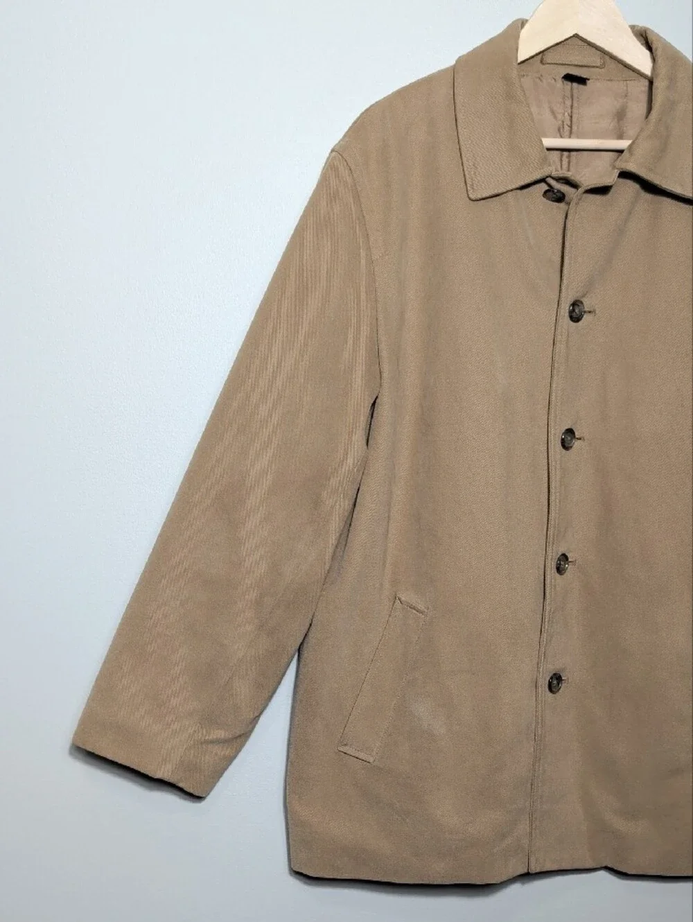 Vtg 90's J.Crew Mens Classic Tan Button-Up Coat Mid Length Minimal Preppy Large